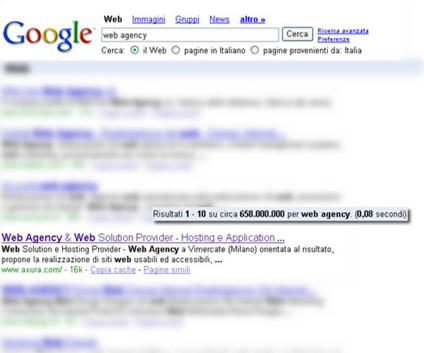 axura.com come quarto risultato di Google per la frase di ricerca 'web agency'