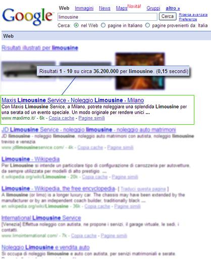 Maximo.it � primo tra i risultati naturali del motore di ricerca Google per la keyword limousine